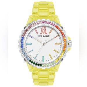 Steve Madden Analog Yellow Plastic with Rainbow Crystal Bracelet Watch, 40mm